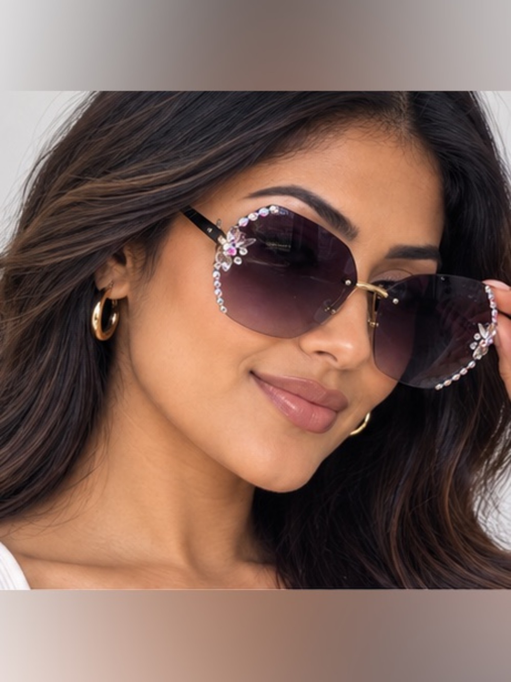 Rhinestone Flower Rimless Sunglasses - Picture 3 of 4